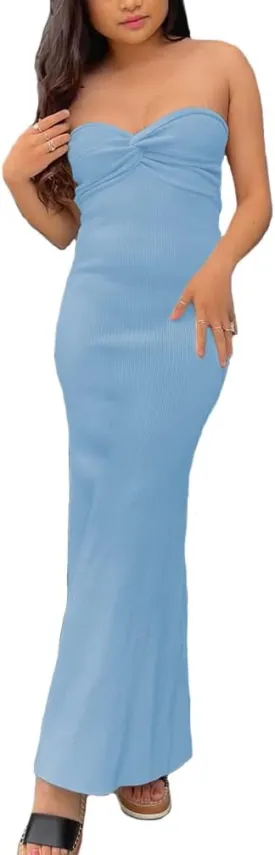 Sdencin Women Sexy Twist Knot Front Ribbed Knit Bodycon Bandeau Tube Dress Casual Solid Strapless Maxi Long Dress