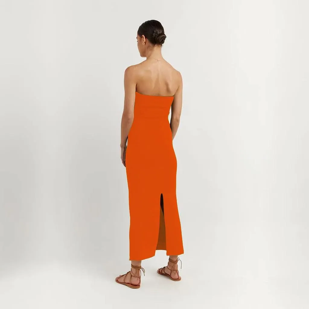 Sdencin Women Sexy Twist Knot Front Ribbed Knit Bodycon Bandeau Tube Dress Casual Solid Strapless Maxi Long Dress