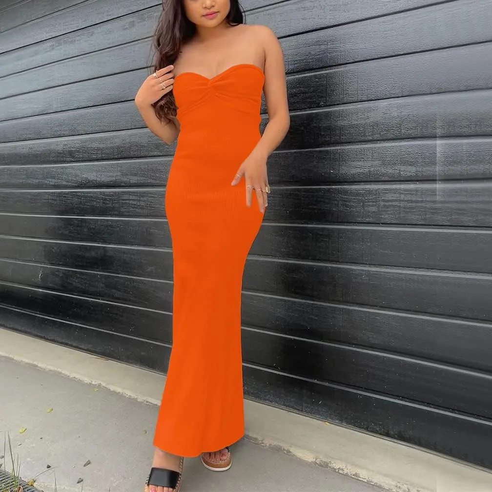 Sdencin Women Sexy Twist Knot Front Ribbed Knit Bodycon Bandeau Tube Dress Casual Solid Strapless Maxi Long Dress