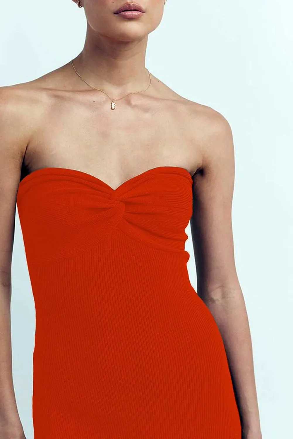 Sdencin Women Sexy Twist Knot Front Ribbed Knit Bodycon Bandeau Tube Dress Casual Solid Strapless Maxi Long Dress
