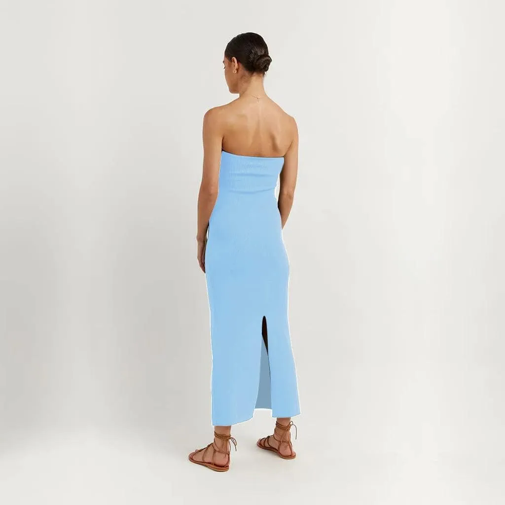 Sdencin Women Sexy Twist Knot Front Ribbed Knit Bodycon Bandeau Tube Dress Casual Solid Strapless Maxi Long Dress