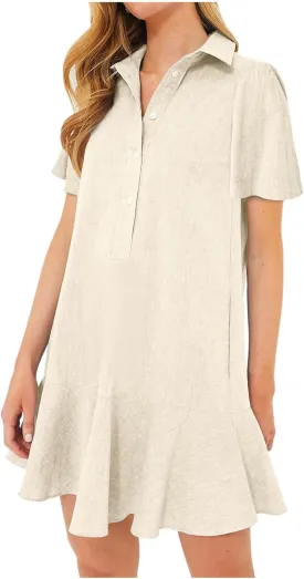 Shirt Dresses for Women Casual Short Sleeve Cotton Linen Mini Dresses Fashion V Neck Button Up Ruffle Hem Shift Dress