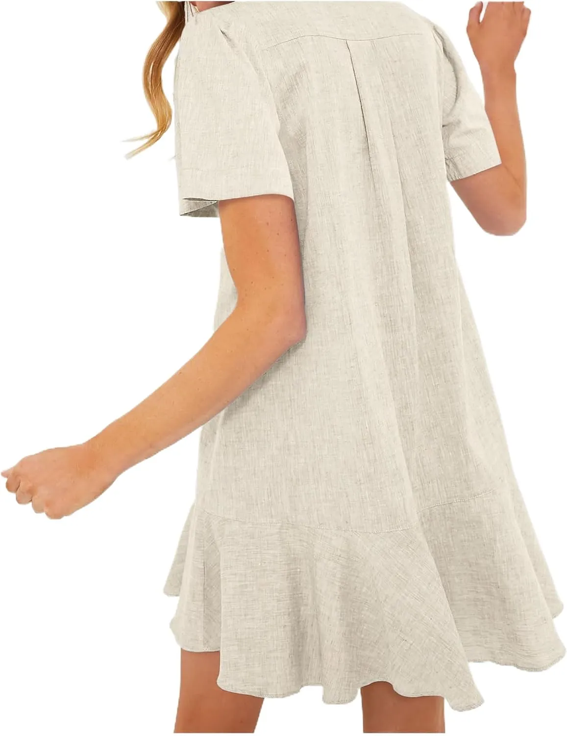 Shirt Dresses for Women Casual Short Sleeve Cotton Linen Mini Dresses Fashion V Neck Button Up Ruffle Hem Shift Dress