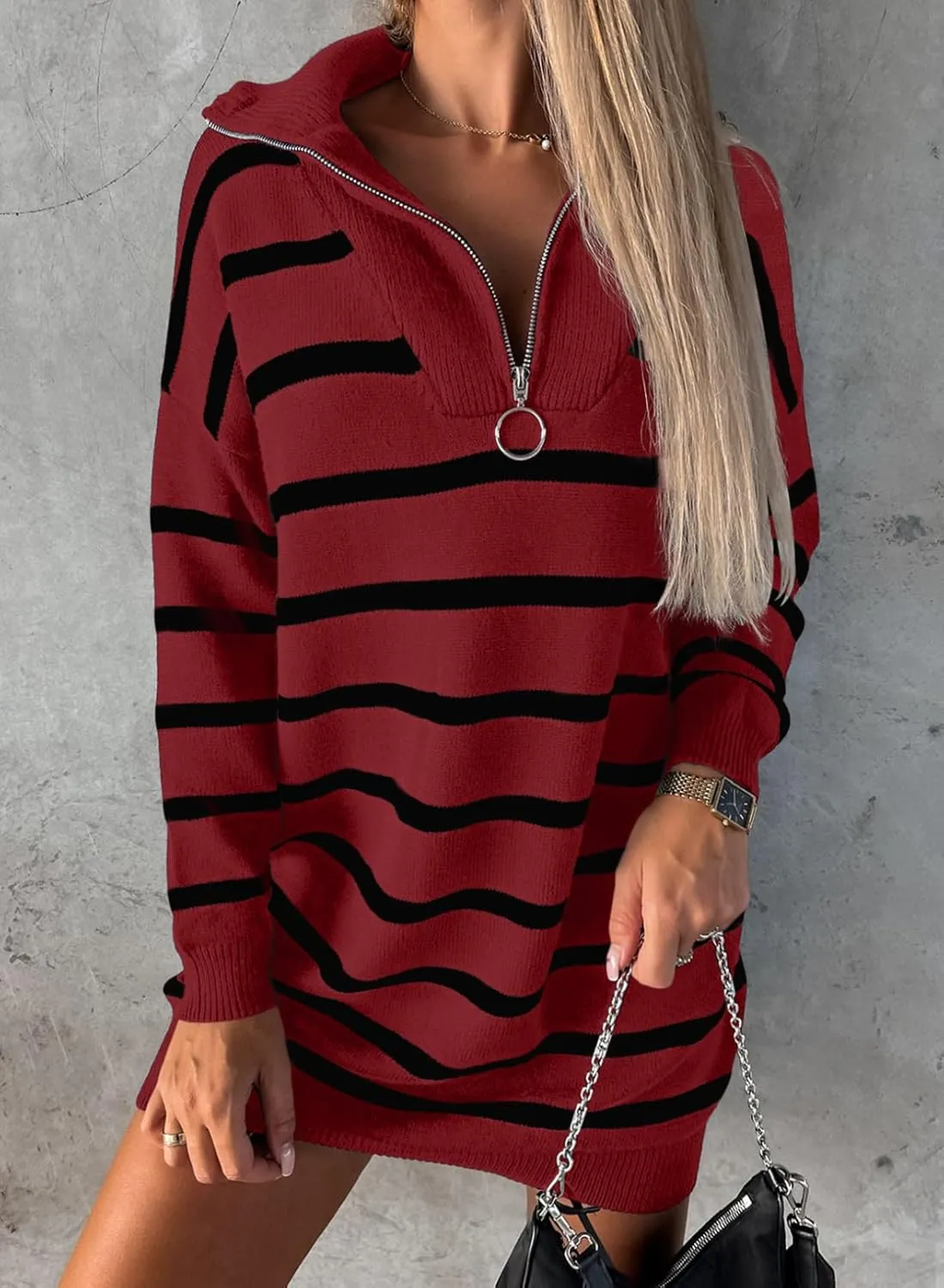 Sidefeel Women's 2024 Fall Sweater Dress Long Sleeve V Neck Striped Knit Bodycon Winter Dresses