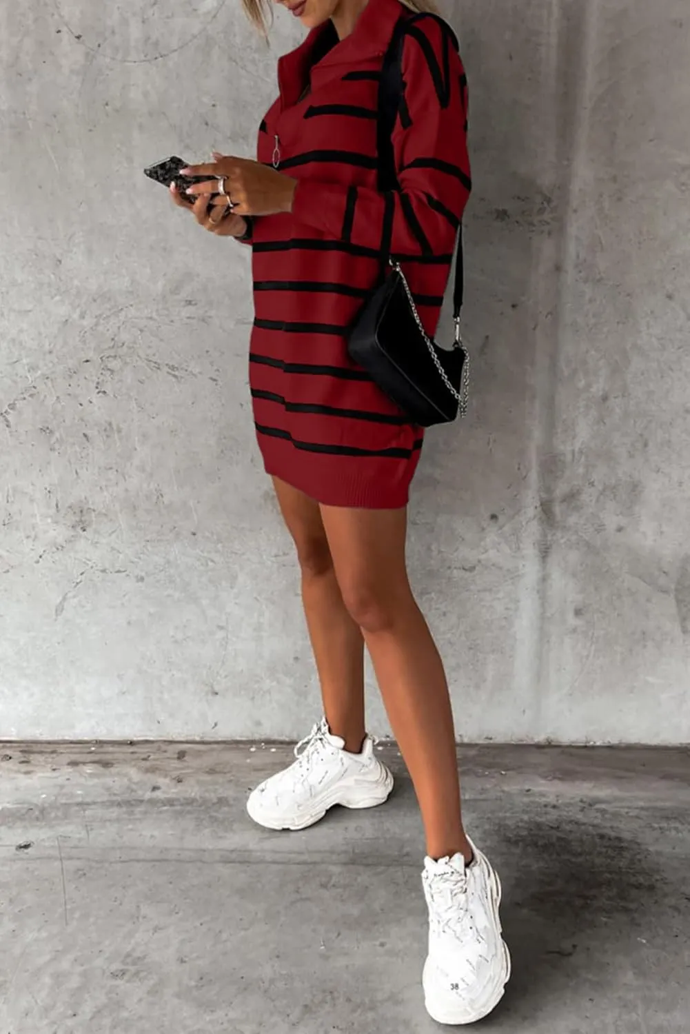 Sidefeel Women's 2024 Fall Sweater Dress Long Sleeve V Neck Striped Knit Bodycon Winter Dresses