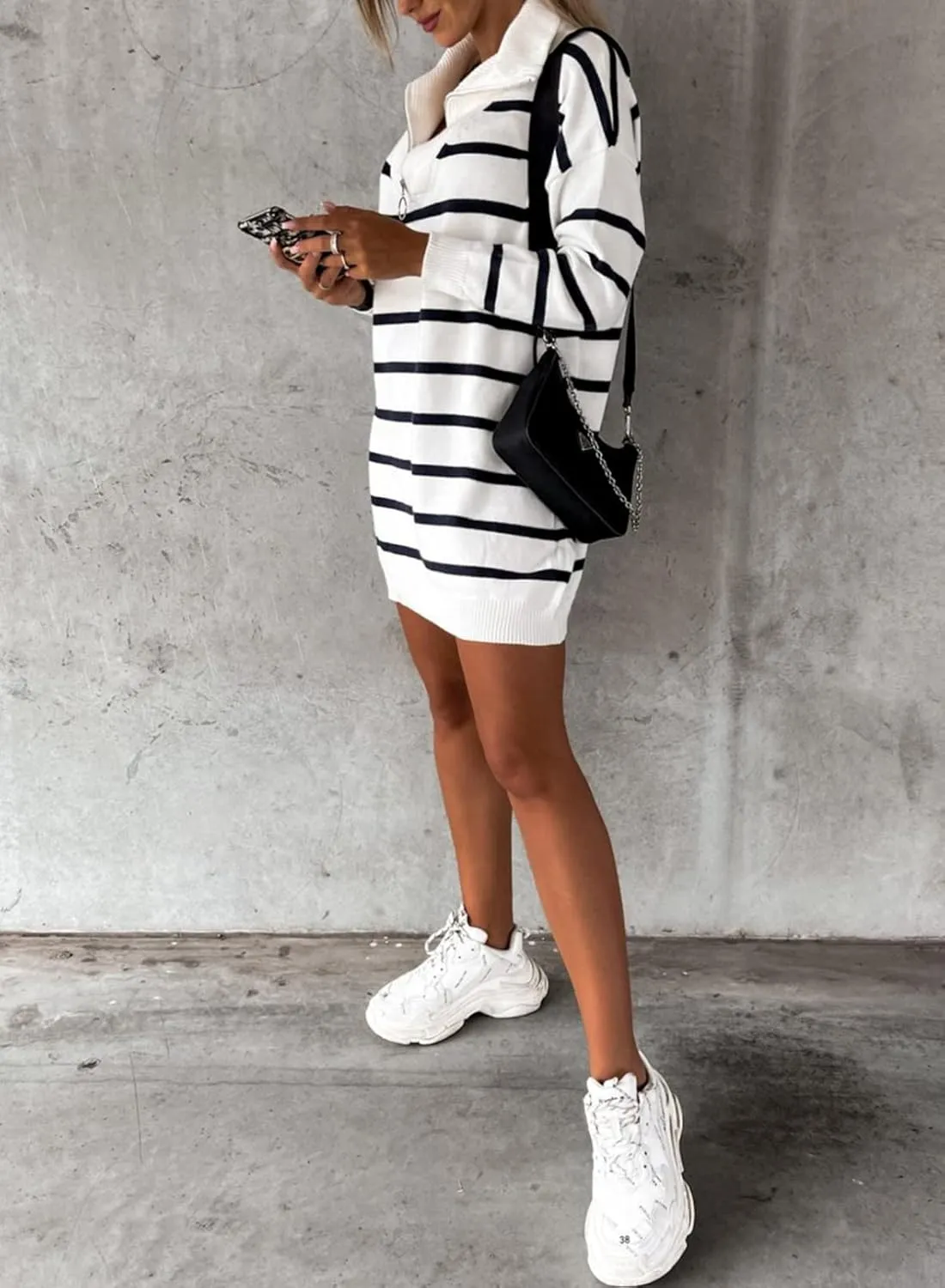 Sidefeel Women's 2024 Fall Sweater Dress Long Sleeve V Neck Striped Knit Bodycon Winter Dresses