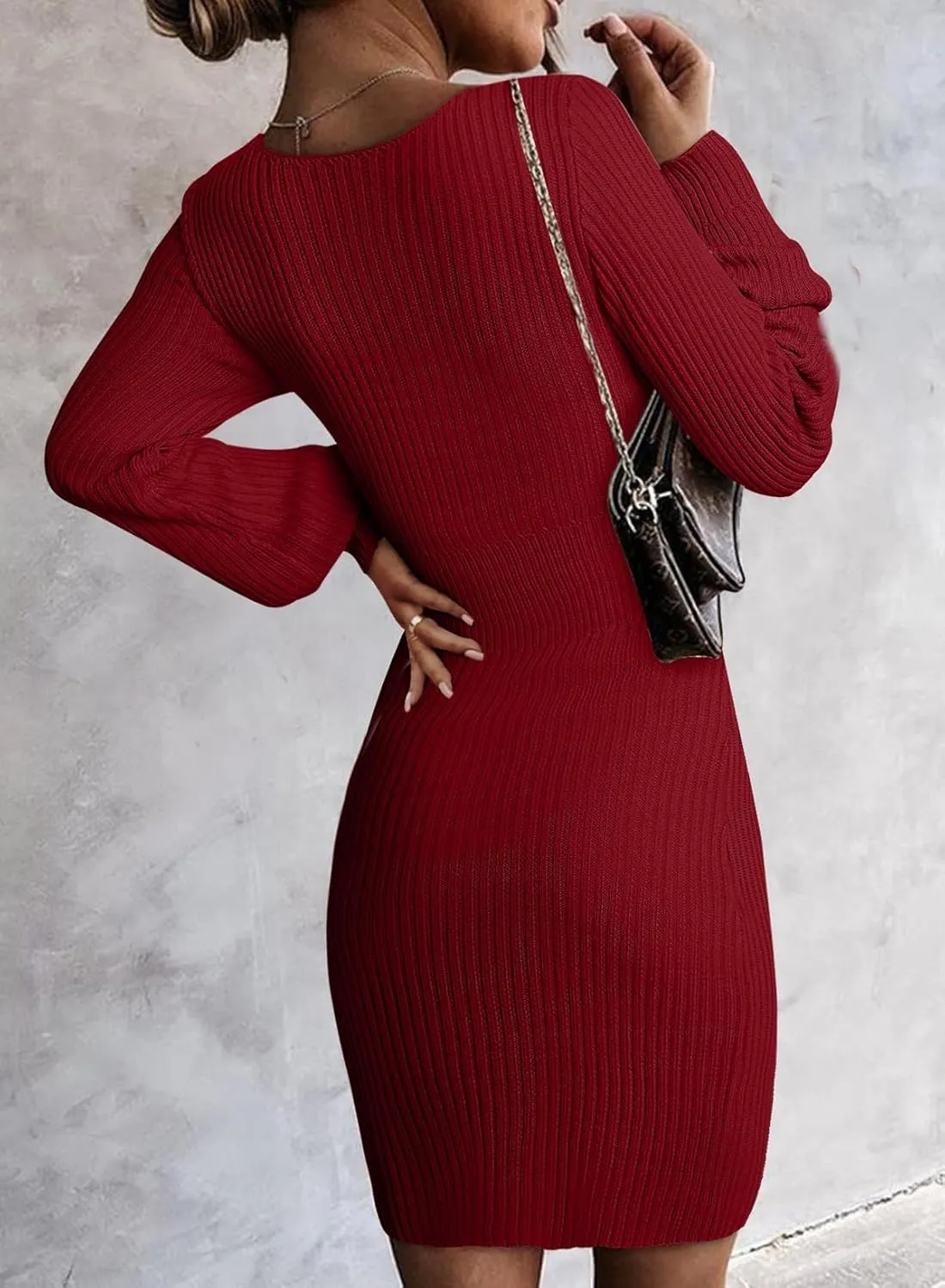 Sidefeel Womens 2024 Fall Winter Ribbed Knit Sweater Dress Casual Long Sleeve Sexy V Neck Bodycon Mini Dress
