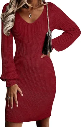 Sidefeel Womens 2024 Fall Winter Ribbed Knit Sweater Dress Casual Long Sleeve Sexy V Neck Bodycon Mini Dress