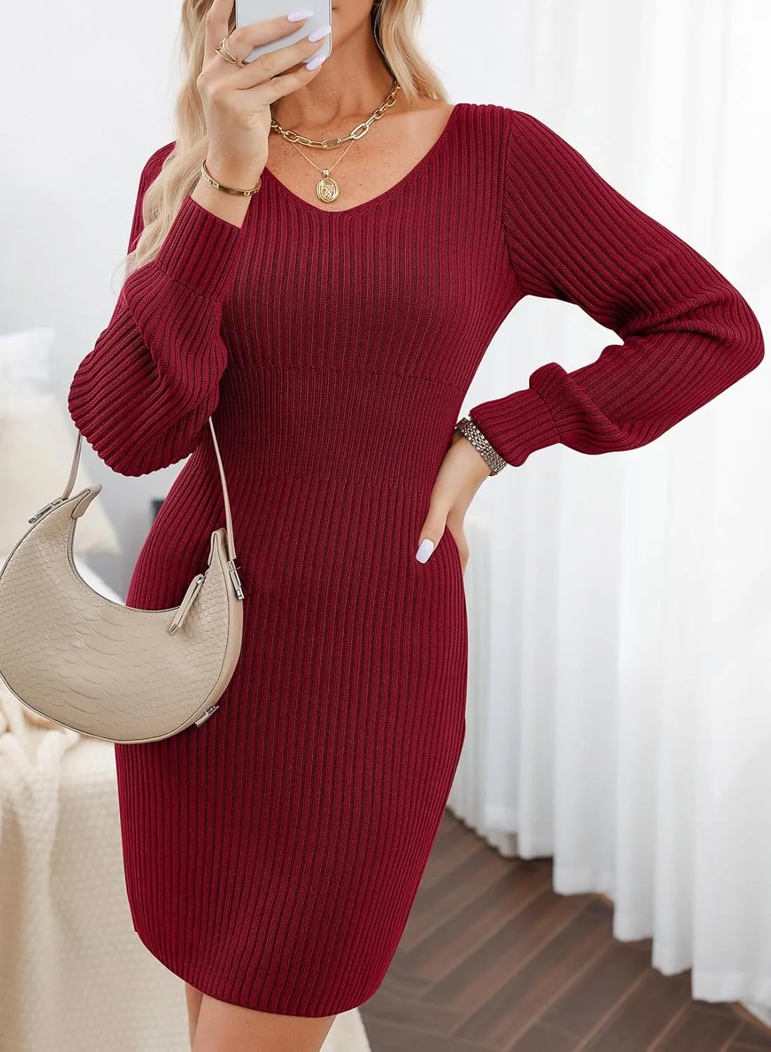 Sidefeel Womens 2024 Fall Winter Ribbed Knit Sweater Dress Casual Long Sleeve Sexy V Neck Bodycon Mini Dress