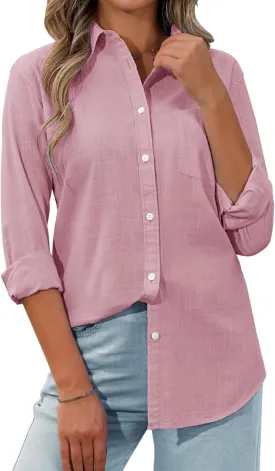 siliteelon Womens Button Down Shirt Linen Button Up Shirts for Women Long Sleeve Summer Shirt Collared Blouse Linen Tops