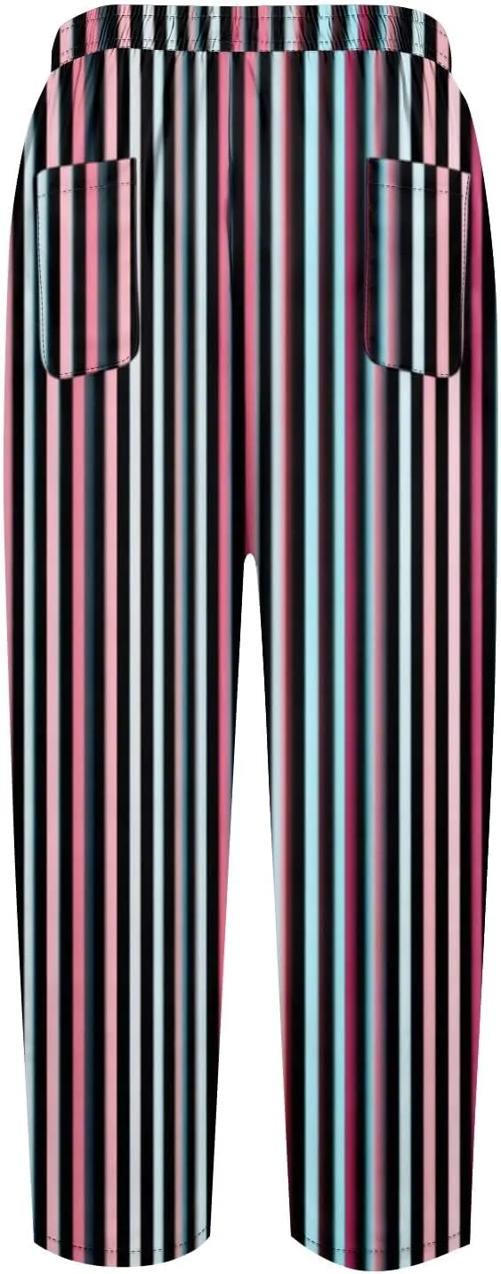 Striped Linen Pants Women Elastic Waist Wide Leg Drawstring Capri Pants Lightweight Summer Beach Trouser with Pockets