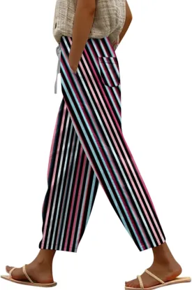 Striped Linen Pants Women Elastic Waist Wide Leg Drawstring Capri Pants Lightweight Summer Beach Trouser with Pockets
