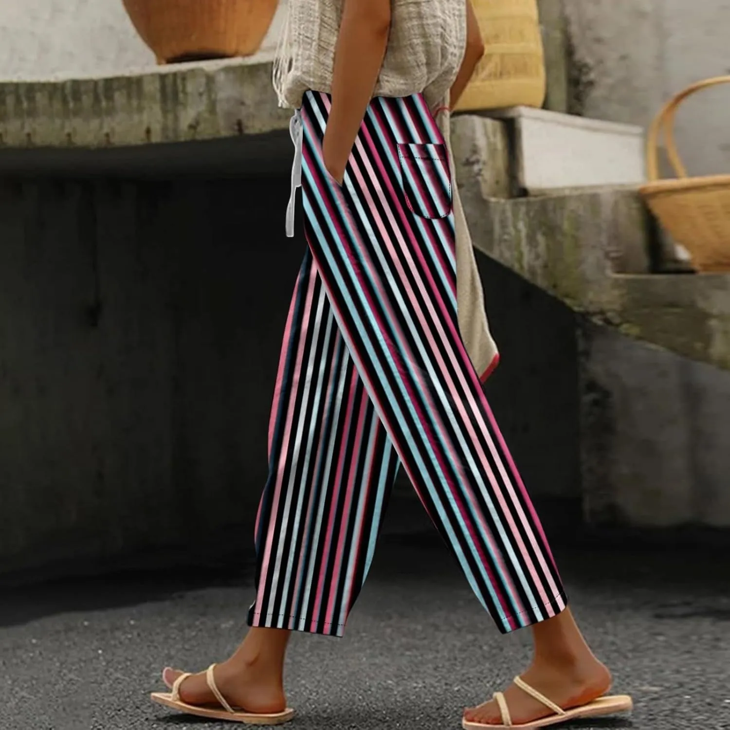 Striped Linen Pants Women Elastic Waist Wide Leg Drawstring Capri Pants Lightweight Summer Beach Trouser with Pockets