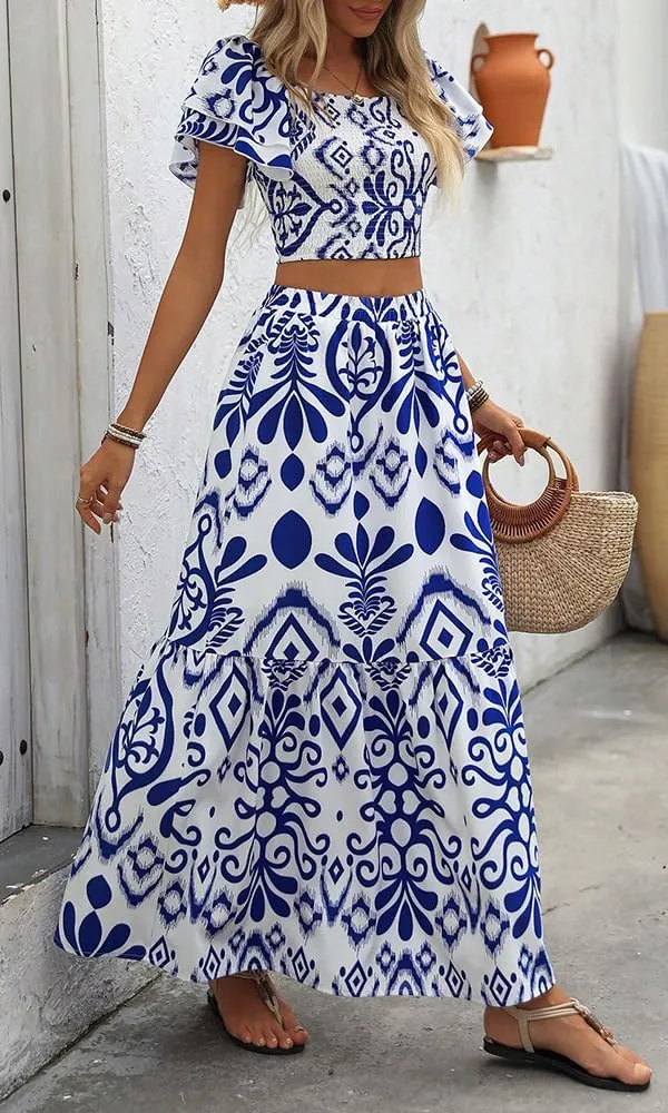 Summer Boho Dress for Women Beach Vacation,2 Pieces Casual Ruffle Smocked Crop Tops and Flowy Maxi Skirts Set