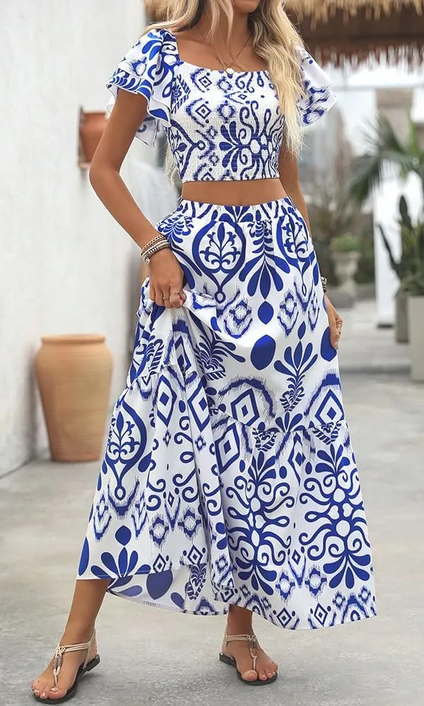 Summer Boho Dress for Women Beach Vacation,2 Pieces Casual Ruffle Smocked Crop Tops and Flowy Maxi Skirts Set
