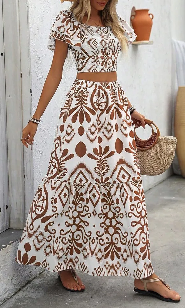 Summer Boho Dress for Women Beach Vacation,2 Pieces Casual Ruffle Smocked Crop Tops and Flowy Maxi Skirts Set