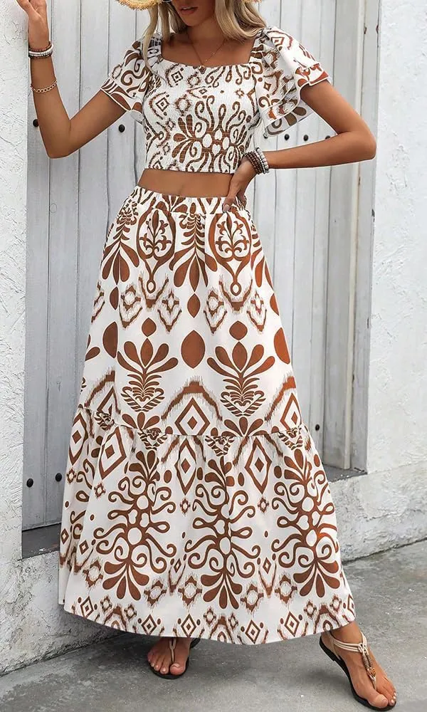 Summer Boho Dress for Women Beach Vacation,2 Pieces Casual Ruffle Smocked Crop Tops and Flowy Maxi Skirts Set