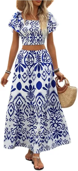 Summer Boho Dress for Women Beach Vacation,2 Pieces Casual Ruffle Smocked Crop Tops and Flowy Maxi Skirts Set