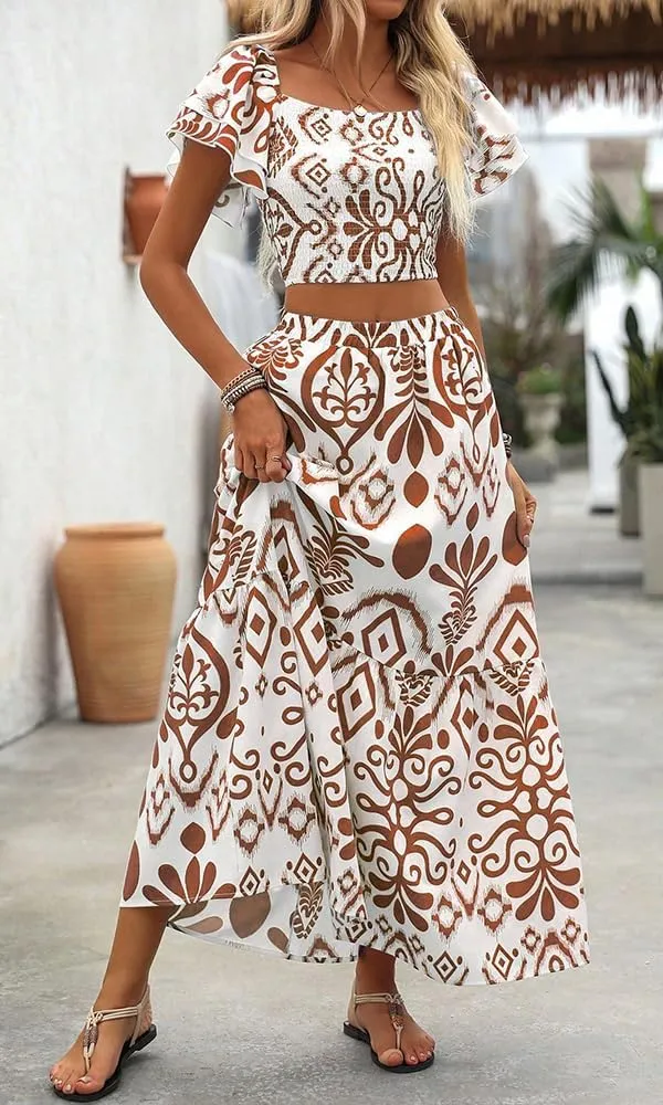 Summer Boho Dress for Women Beach Vacation,2 Pieces Casual Ruffle Smocked Crop Tops and Flowy Maxi Skirts Set