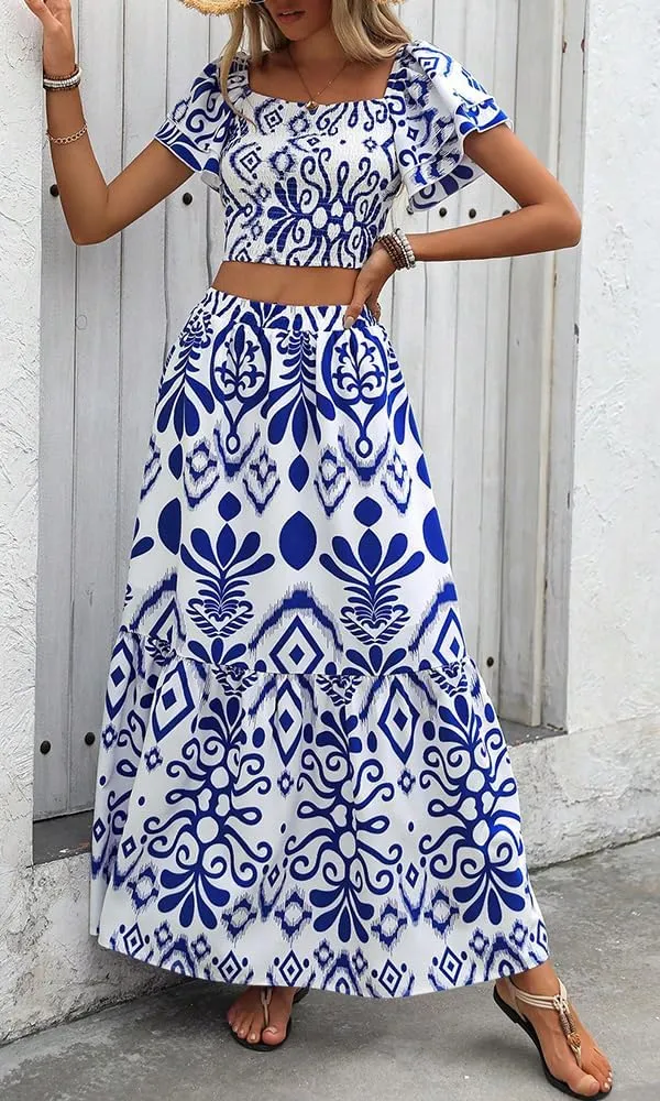 Summer Boho Dress for Women Beach Vacation,2 Pieces Casual Ruffle Smocked Crop Tops and Flowy Maxi Skirts Set
