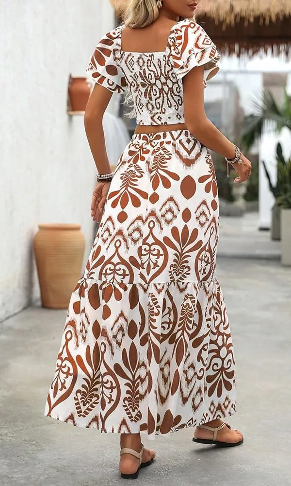 Summer Boho Dress for Women Beach Vacation,2 Pieces Casual Ruffle Smocked Crop Tops and Flowy Maxi Skirts Set
