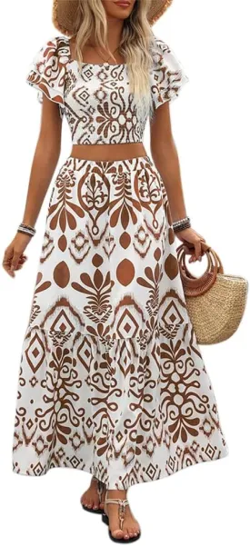 Summer Boho Dress for Women Beach Vacation,2 Pieces Casual Ruffle Smocked Crop Tops and Flowy Maxi Skirts Set