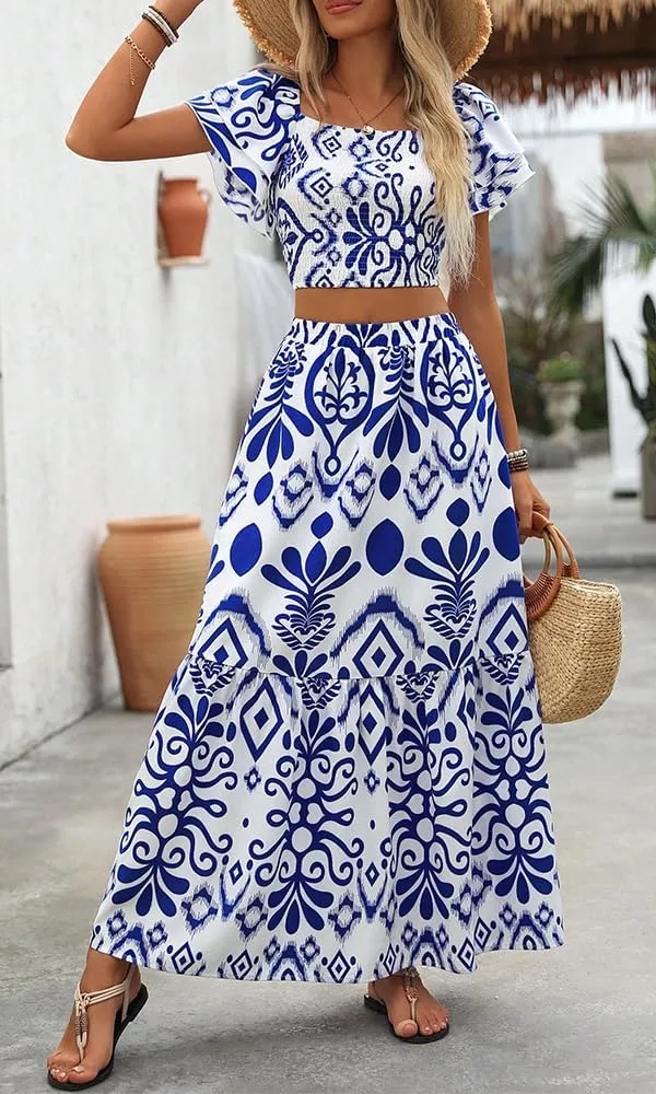 Summer Boho Dress for Women Beach Vacation,2 Pieces Casual Ruffle Smocked Crop Tops and Flowy Maxi Skirts Set