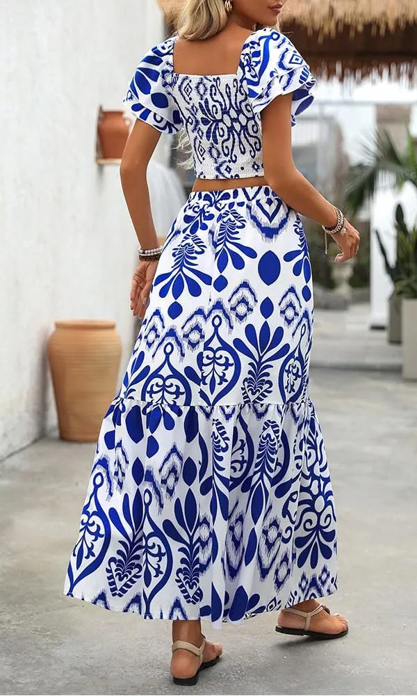 Summer Boho Dress for Women Beach Vacation,2 Pieces Casual Ruffle Smocked Crop Tops and Flowy Maxi Skirts Set