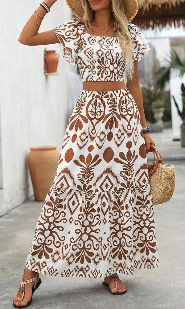 Summer Boho Dress for Women Beach Vacation,2 Pieces Casual Ruffle Smocked Crop Tops and Flowy Maxi Skirts Set
