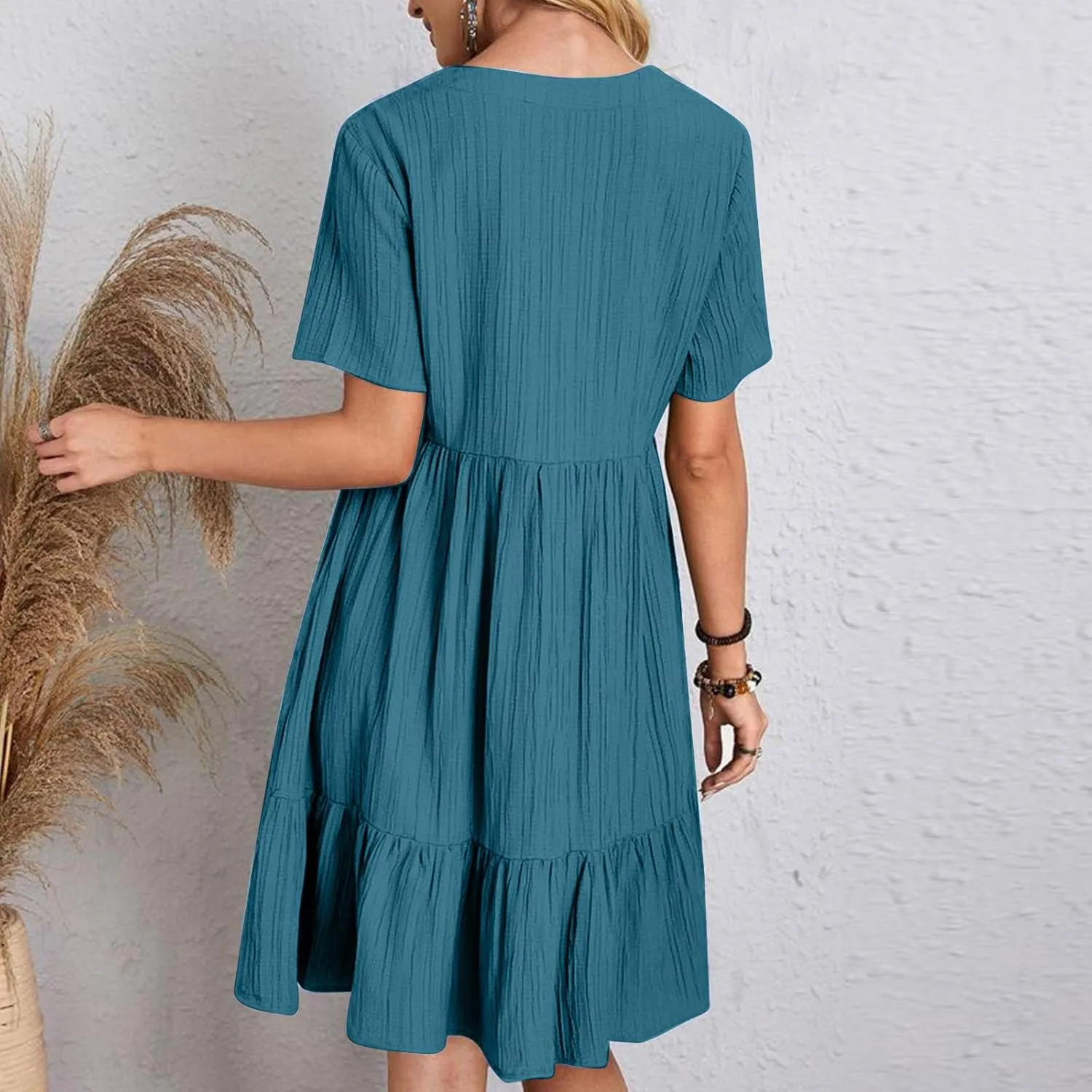 Summer Dresses for Women 2025 Vacation Casual Short Sleeve V Neck Pleated Ruffle Hem Flowy Swing Beach Short Mini Dress