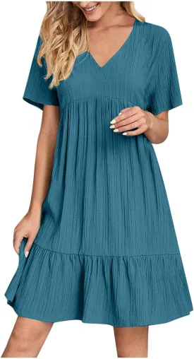 Summer Dresses for Women 2025 Vacation Casual Short Sleeve V Neck Pleated Ruffle Hem Flowy Swing Beach Short Mini Dress
