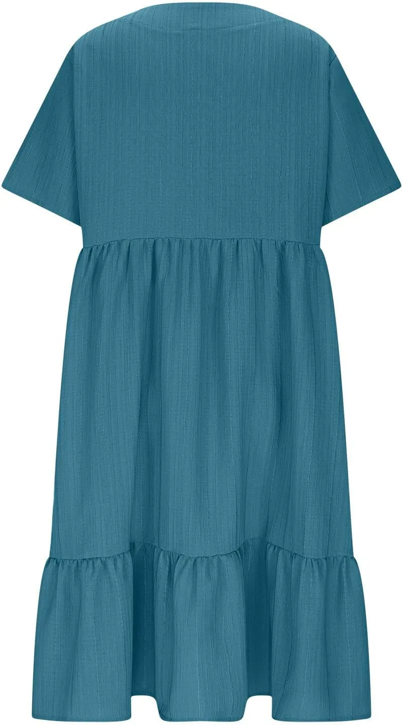 Summer Dresses for Women 2025 Vacation Casual Short Sleeve V Neck Pleated Ruffle Hem Flowy Swing Beach Short Mini Dress