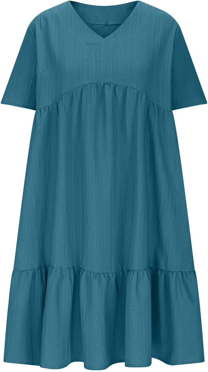 Summer Dresses for Women 2025 Vacation Casual Short Sleeve V Neck Pleated Ruffle Hem Flowy Swing Beach Short Mini Dress