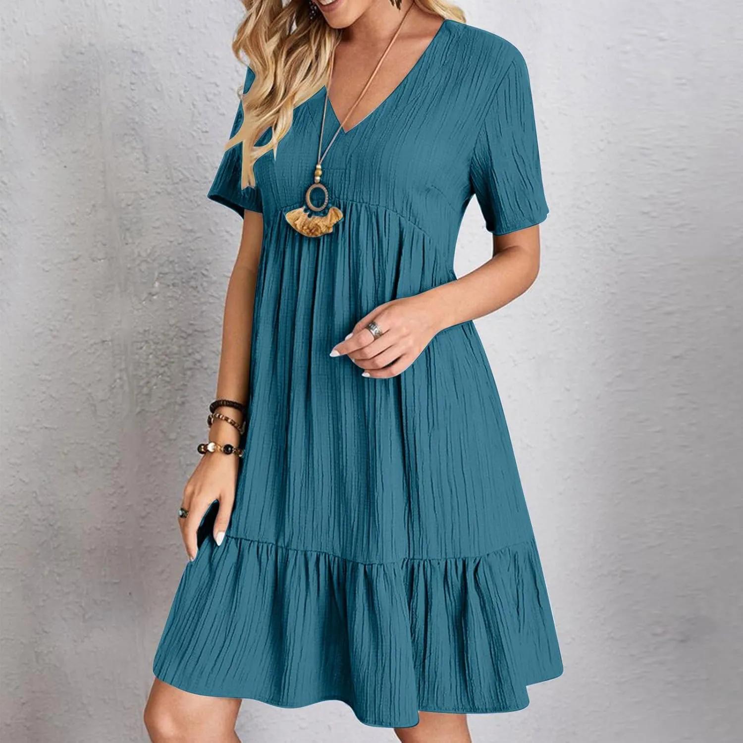 Summer Dresses for Women 2025 Vacation Casual Short Sleeve V Neck Pleated Ruffle Hem Flowy Swing Beach Short Mini Dress