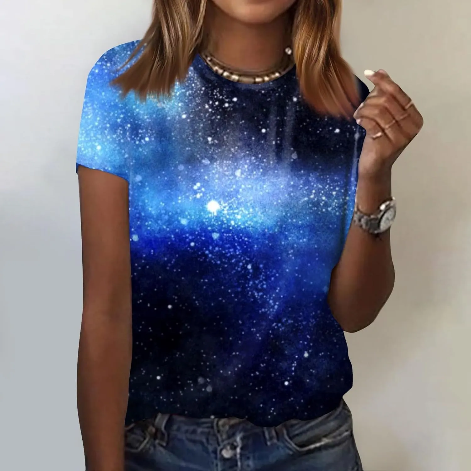 Summer Top for Women 2024 Novelty 3D Galaxy Universe Graphic Tees Short Sleeve Shirts Casual Cotton Tshirt Teen Girls Clothes