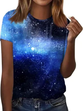 Summer Top for Women 2024 Novelty 3D Galaxy Universe Graphic Tees Short Sleeve Shirts Casual Cotton Tshirt Teen Girls Clothes