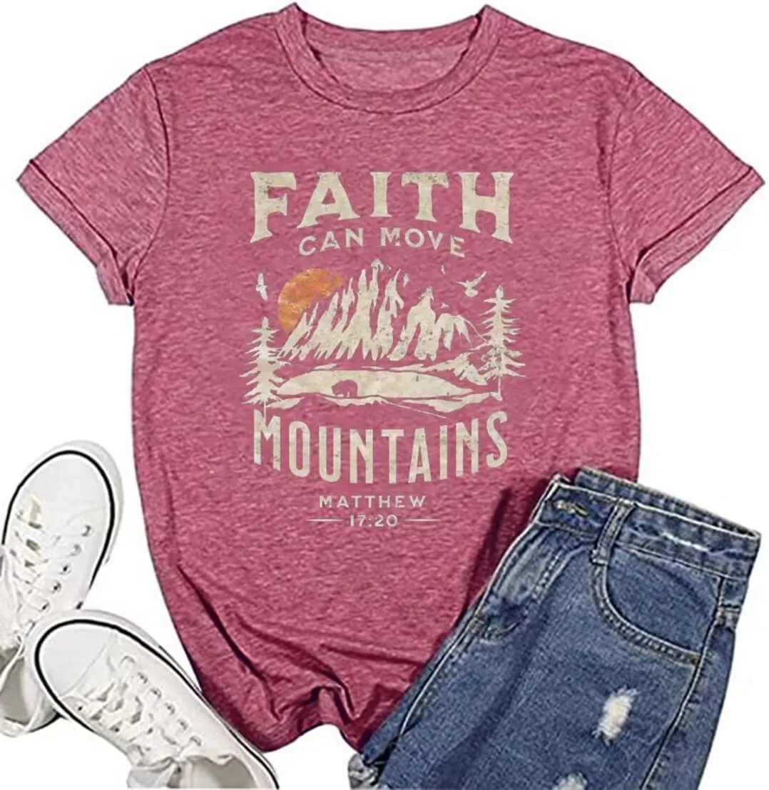 Sun and Mountain Shirt for Women Camping Hiking Shirt Sunrise Pine Tree Graphic Tees Nature Casual Short Sleeve Shirt