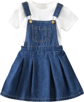 SweatyRocks Girl's Denim Skirt Pleated Hem A Line Soft Stretchy Jean Overall Dress with Pocket