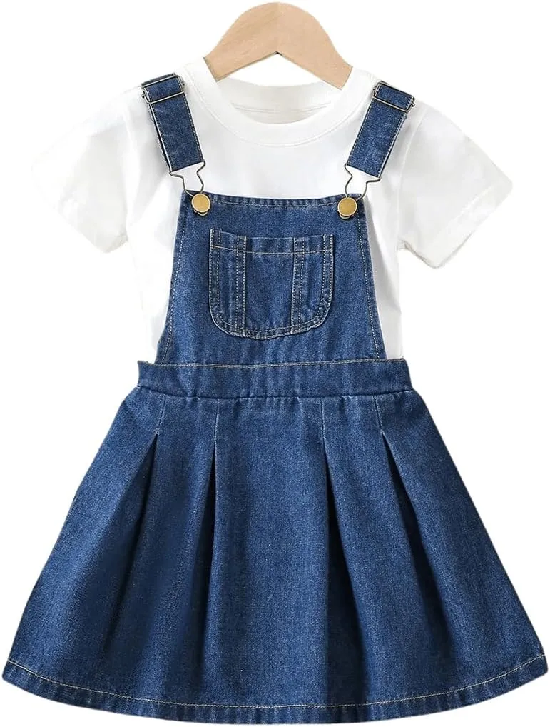 SweatyRocks Girl's Denim Skirt Pleated Hem A Line Soft Stretchy Jean Overall Dress with Pocket