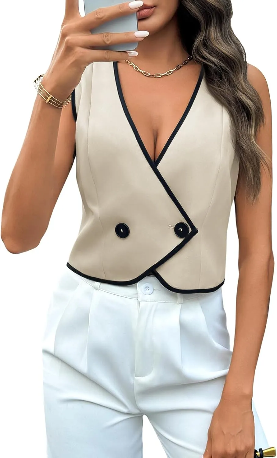 Tankaneo Womens Double Breasted Vest V Neck Contrast Trim Waistcoat Business Slim Fit Blazer Vest