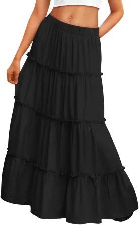 Trendy Queen Long Skirts for Women Boho Maxi Skirt Summer Swing Tiered A-Line Elastic High Waist Dress with Pockets Fashion