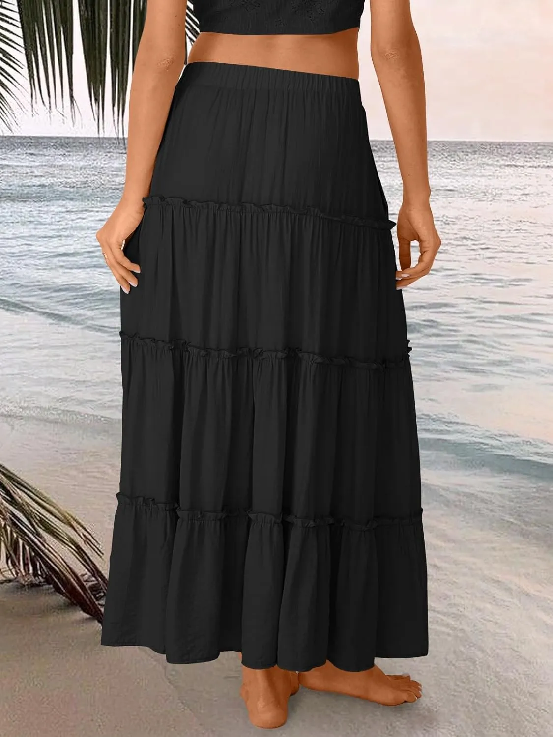 Trendy Queen Long Skirts for Women Boho Maxi Skirt Summer Swing Tiered A-Line Elastic High Waist Dress with Pockets Fashion