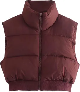UANEO Cropped Puffer Vest Women Zip Up Stand Collar Sleeveless Padded Crop Puffy Vests