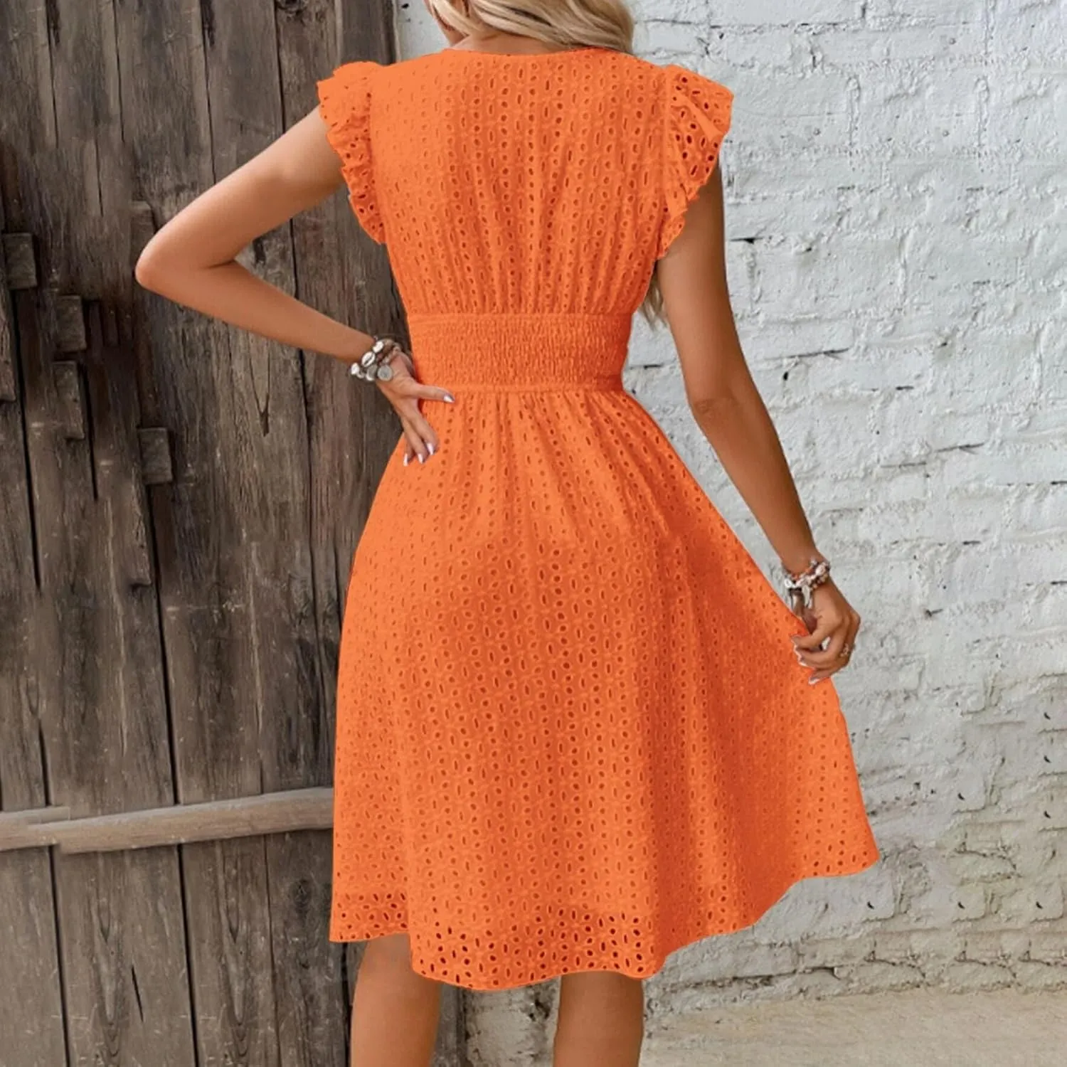 Vacation Dresses for Women 2025 Summer Trendy Eyelet Lace Ruffle Sleeve V Neck Midi Dress Flowy A Line Sundress