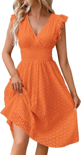 Vacation Dresses for Women 2025 Summer Trendy Eyelet Lace Ruffle Sleeve V Neck Midi Dress Flowy A Line Sundress