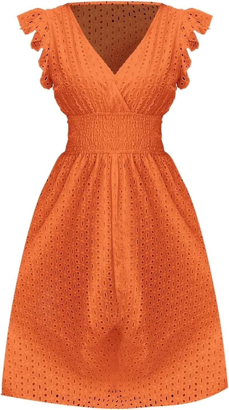 Vacation Dresses for Women 2025 Summer Trendy Eyelet Lace Ruffle Sleeve V Neck Midi Dress Flowy A Line Sundress