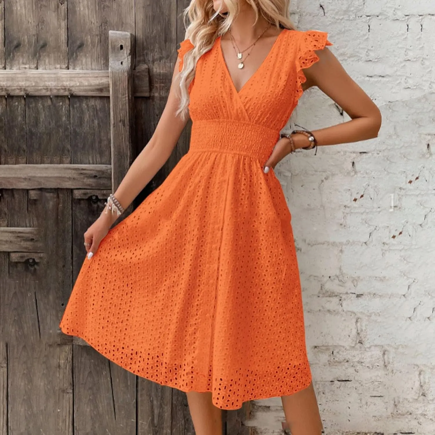 Vacation Dresses for Women 2025 Summer Trendy Eyelet Lace Ruffle Sleeve V Neck Midi Dress Flowy A Line Sundress