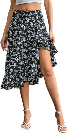 Verdusa Women's Ruffle Trim High Split Printed Skirt