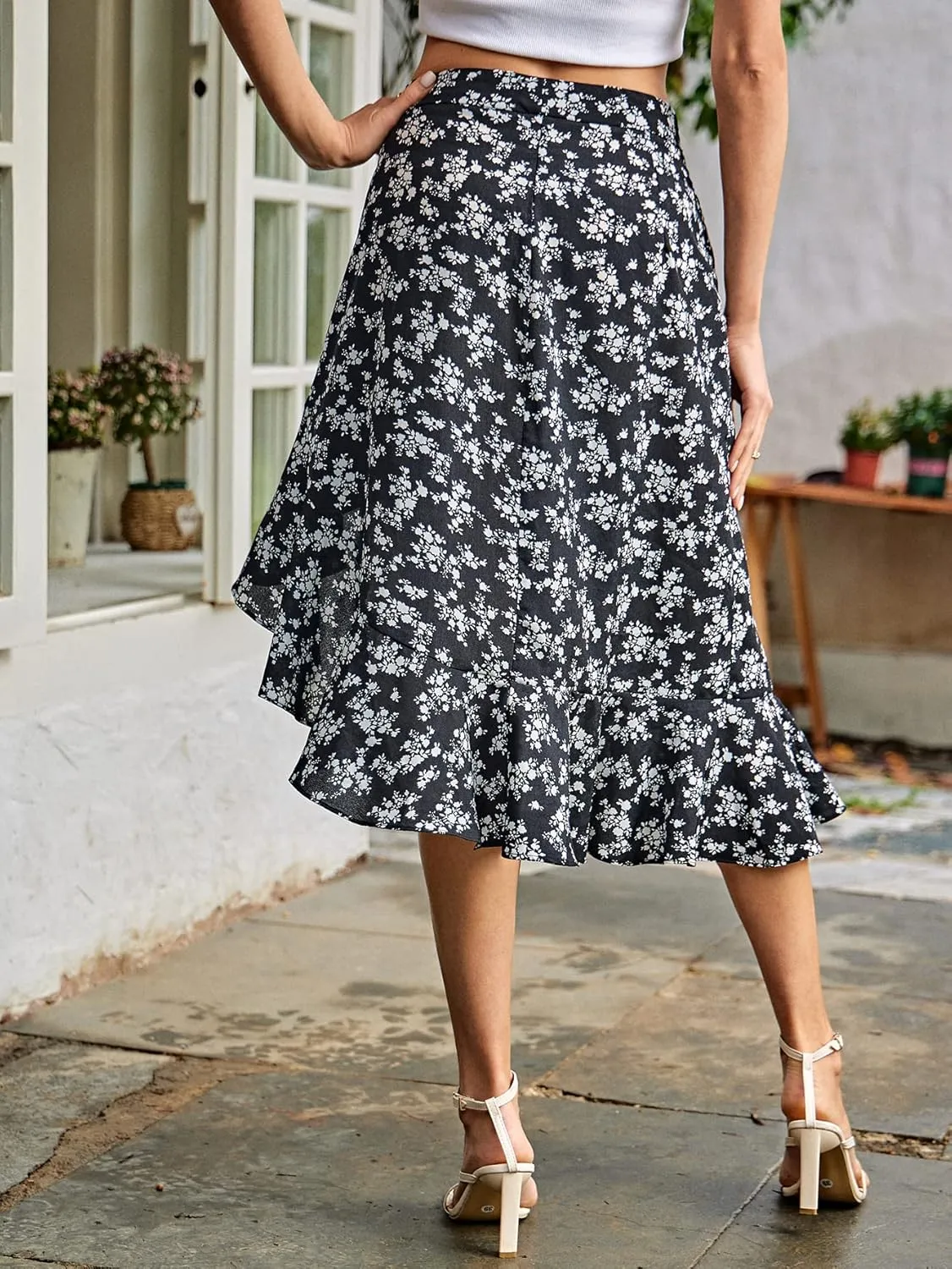 Verdusa Women's Ruffle Trim High Split Printed Skirt