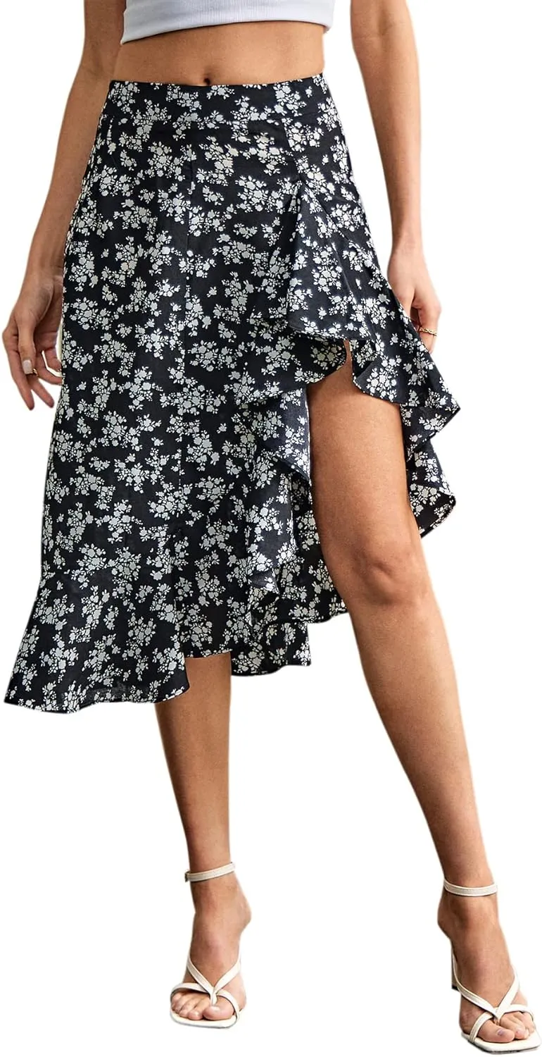 Verdusa Women's Ruffle Trim High Split Printed Skirt